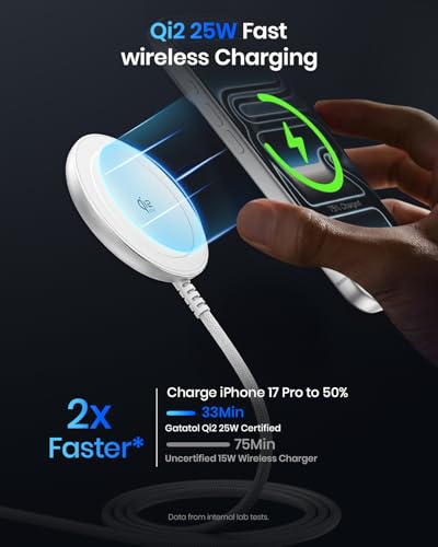 Image of Magnetic Wireless Charger, 5FT Qi2 25W Fast Charging Pad Compatible with MagSafe for iPhone Air /17e /17 /16 /15 /14 /13 /12 /Pro /Pro Max Series & AirPods 4 /3 /2 /Pro & More (MatteWhite)