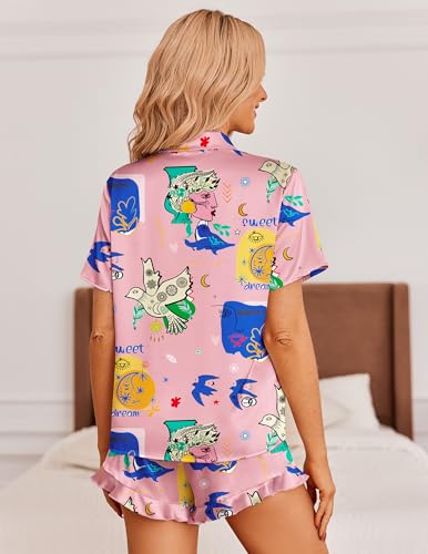 Image of Ekouaer Womens Satin Pajamas Set Button Down 2 Piece Silk Pjs Shorts Set Ruffle Lingerie Notch Collar Sleepwear