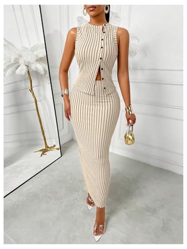 SOLY HUX Women's 2 Piece Business Casual Outfits Striped Button Up Vest and Bodycon Maxi Skirt Set 5