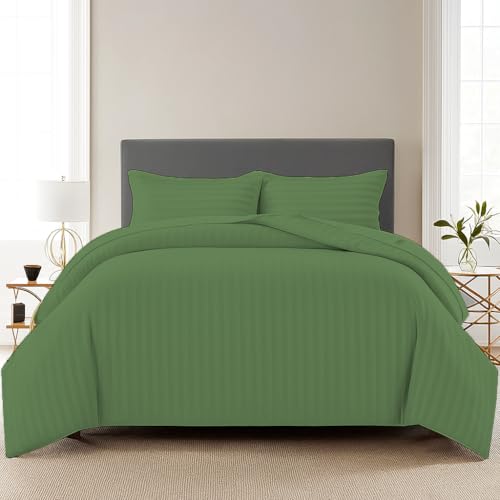 Image of Trance Home Linen Zippered 100% Cotton 200TC Satin Stripe King Size Duvet Cover Quilt Cover Blanket Cover Razai Comforter Cover with 2 Pillow Covers (102 x 110 inch, Moss Green)