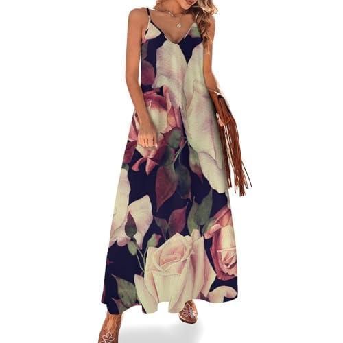 Robe longue fleurs rétro d'été sans manches pour femme
