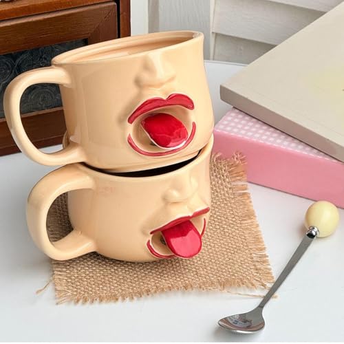 Tazas de café con cuchara decorativa de 255 ml en cerámica con caras graciosas para cocina 4