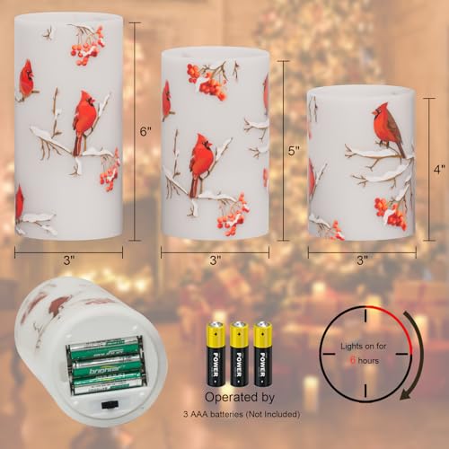 Image of GenSwin Red Bird Flameless Candles with Timer, LED Candles with 3D Wick, Real Wax Pillar Candles for Halloween Christmas Indoor Decorations(D3 inch x H4 inch5 inch6 inch)