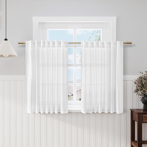 Image of White Kitchen Cafe Curtains 45 Inch Length 2 Panel Set Back Tab Pocket Semi Sheer Light Filtering Short Curtain Natural Farmhosue Small Curtains for Basement Window Bathroom Living Room 52x45