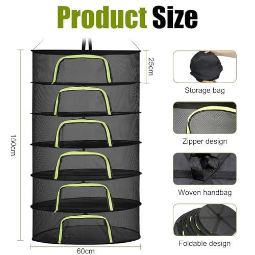 Spetsbst 6 Lagiges Trockennetz Kräuter, 150 cm Kräutertrockner Hängend, Trocknungsnetz mit S Haken und Reißverschluss für Pflanzen, Gemüse, Kräuter, Blumen (6 lagiges-150cm)