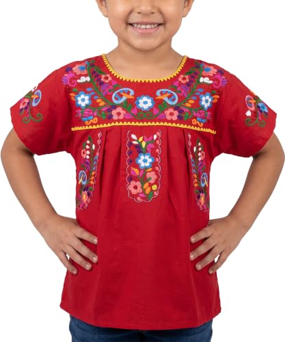 Image of YZXDORWJ Mexican Blouse for Girls Traditional Embroidered Summer Short Sleeve Peasant Blouse for Kids