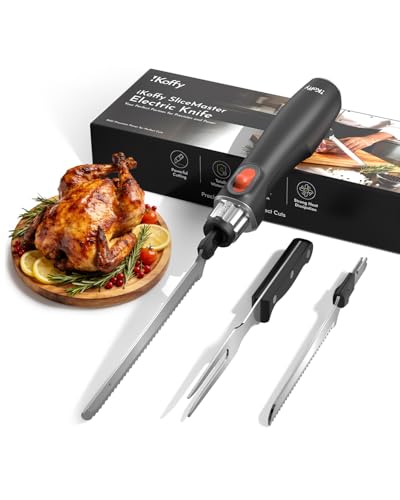 iKoffy SliceMaster Cordless Electric Knife, 45W High-Torque Motor, 9.3' & 10.9' 420 Stainless Steel Blades, Waterproof Rechargeable Electric Carving Knife, Type-C Charge, Safety Lock, Black