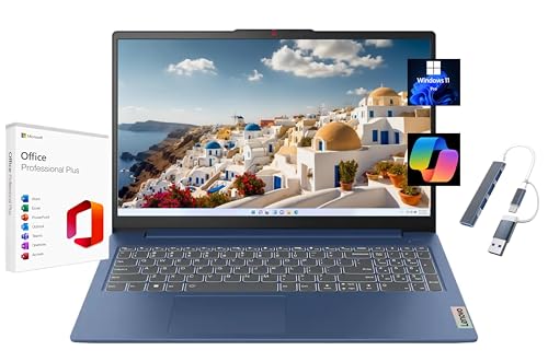 Image of Lenovo IdeaPad Slim 3 15.6 inch FHD Laptop, with Free Lifetime Microsoft Office, AMD Ryzen 5 40, 64GB RAM, 2TB SSD, AMD Radeon 610M, Windows 11 Pro, Abyss Blue, WiFi 6, Copilot, with USB Hub