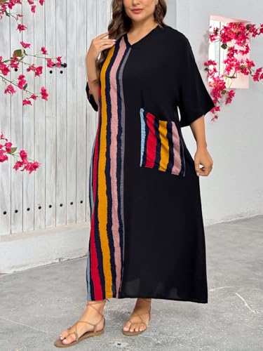 Image of Women Plus Size Dress Black and Color Stripes Patchwork Summer Casual V Neck Short Sleeves Long Dresses with Pockets