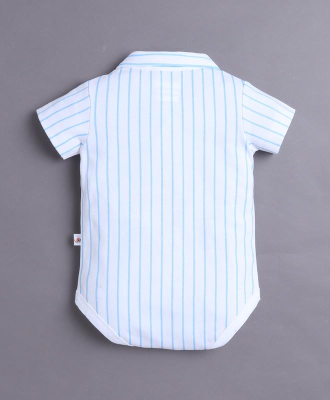 Image of BUMZEE Boys Regular Fit Half Sleeves Collar Neck Cotton Bodysuit & Short Set With Applique Bow Suspender & Cap
