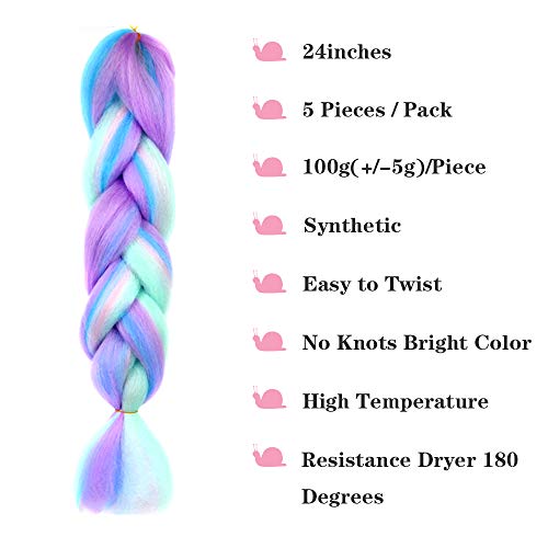 Clicling 4 Colors Mix Braiding Hair Extensions Jumbo Hair 5Pcs/Lot 24 Inch Synthetic Colorful Braiding Hair Extension For Crochet Box Braids Twist Braiding Hair (Light Cyan/Pink/Purple/Green) #TOP1