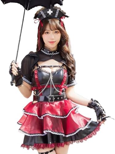 [Malymoon] マリン 悪魔 デビル ナース 看護師 サキュバス レザー ブラック レッド グリーン マリームーン 6点セット 9954 詳細画像1