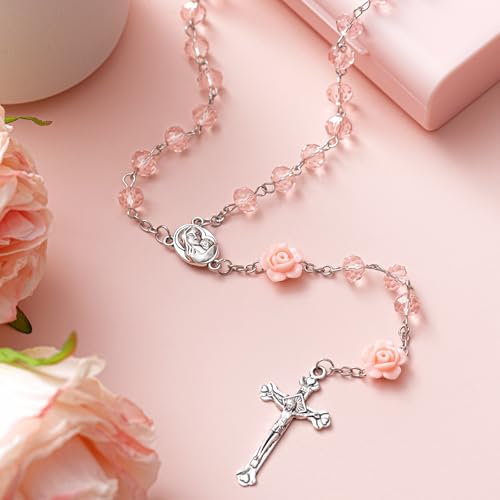 ROCEEI Catholic Rosary Beads Necklace for Women Crystal Beads Flowers Necklace Rosaries Prayer Gifts with Organza Bags for First Communion Confirmation Baptism3