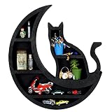 NESKTS Estante de madera de cristal con diseño de gato en la luna, estante de pared con diseño de gato negro, decoración de bruja negra, estantes decorativos para mesa