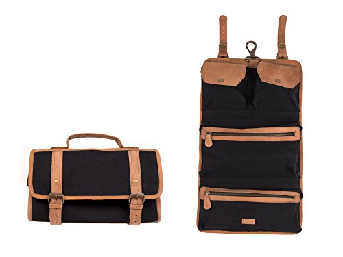 Dwellbee Canvas and Leather Hanging Toiletry Bag (Black Canvas, Tan Cowhide)