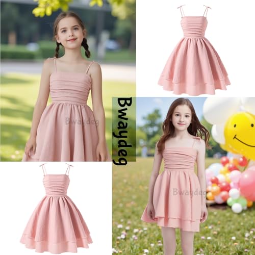 Tween Girls Summer Dress Spaghetti Strap Square Neck Double Layer Holiday Dress Casual Party Dresses Size 8-12 Years2