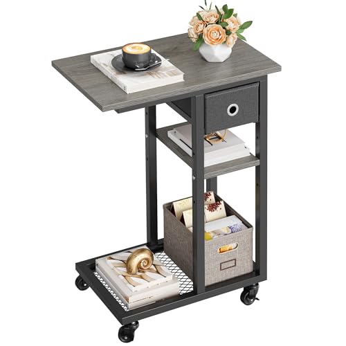YITAHOME Table d'appoint, C Form Bout de Canapé avec roulettes e Tiroir, Table Basse pour Café et Ordinateur Portable, pour Salon, Chambre à Coucher, 50 x...