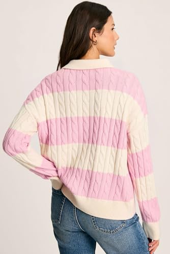Women's Pink Stripe Cable Knit Collared Henley Sweater - Stylish & Cozy2