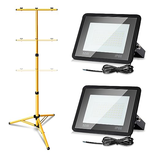 Yakimz Lot de 2 projecteurs de chantier LED avec trépied, 50 W blanc chaud, 3000 K, 4250 lm, étanche IP66, pour la construction, l'atelier, avec câble de 1 m, pas de prise