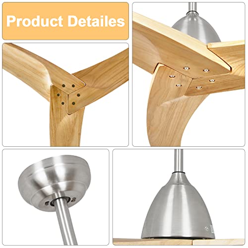 Tfvv 60" Wood Ceiling Fan With No Light, 3 Blades, Brushed Nickel Ceiling Fan With Remote Control, Low Profile,Dc Motor,Outdoor Ceiling Fan For Patio Waterproof, Bedroom, Living Room And Gazebo #TOP3