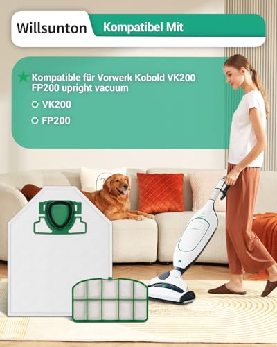 Willsunton 10 Stück VK200 Staubsaugerbeutel für Vorwerk Kobold VK200 VK 200 Staubsauger Staubsaugerbeutel Ersatzteile Ersetzt FP200 FP200, Mit 2 Stück Motorschutzfilter