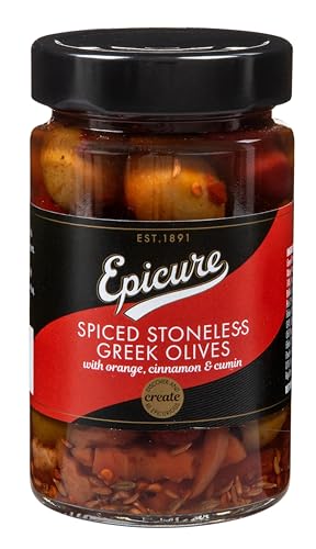 Epicure Spiced Stoneless Greek Olives, Cinnamon and Cumin Flavour, 310 g (Pack of 1)