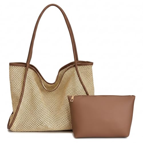 Sac de plage en paille pour femme avec pochette amovible et grande capacité