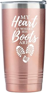 Onebttl Military Deployment Gifts for Army Navy Wife, Girlfriend, Mom, 20oz Stainless Steel Tumbler with Lid & Straw, My Heart is Where His Boots Are, Rose Gold