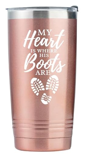 Onebttl Military Deployment Gifts for Army Navy Wife, Girlfriend, Mom, 20oz Stainless Steel Tumbler with Lid & Straw, My Heart is Where His Boots Are, Rose Gold