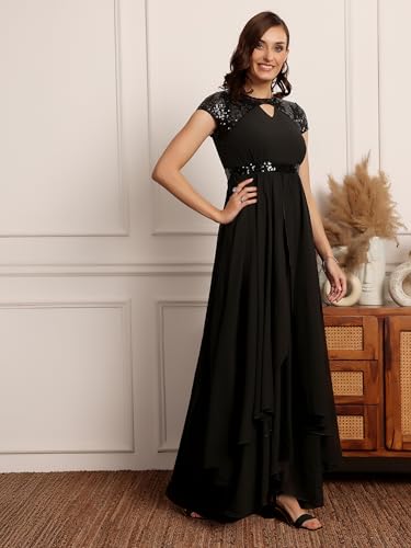 Image of Miss Chase Women's Round Neck Sleeve Embellished Fit Flare Maxi Dress