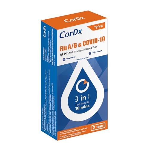 CorDx TyFast Flu A/B & Covid 19 Multiplex Rapid Test, 10 Mins at Home, EUA Authorized, 3 in 1 Combo Kit, 2 Tests