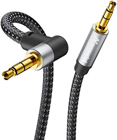 Nanxudyj aux Cord, 3.5mm Stereo Audio Cable 1ft, 90 Degree Short Aux Cable Aux 3.5mm Male to Male Right Angle TRS Cable Compatible for Headphone,Tablets, Speakers, 24K Gold Plated