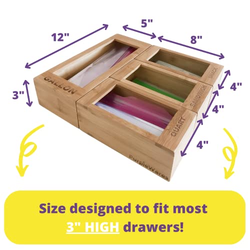 Purplewares Food Storage Bags Holders – Premium Bamboo Kitchen Drawer Plastic Bag Organizer Dispenser Home Organization Compatible With Gallon, Quart, Sandwich & Snack Variety Size Bags (4 Piece Set) #TOP6