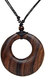 81stgeneration Hand Carved Brown Wood Round Tribal Pendant - Large Wooden Disc Adjustable Pendant Necklace - Natural Ladies Gifts - Gothic Jewellery -Wooden Handmade Necklaces