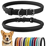 CollarDirect Rolled Leather Dog Collar, Soft Padded Round Puppy Collar, Handmade Genuine Leather Collar Dog Small Large Cat Collars 13 Colors (13-16 Inch, Black Smooth)