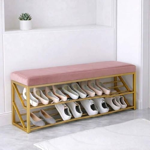 Image of Entryway Shoe Rack with Cushioned Seat, Shoe Bench for Entry, 2 Shelves Storage Bed Bench