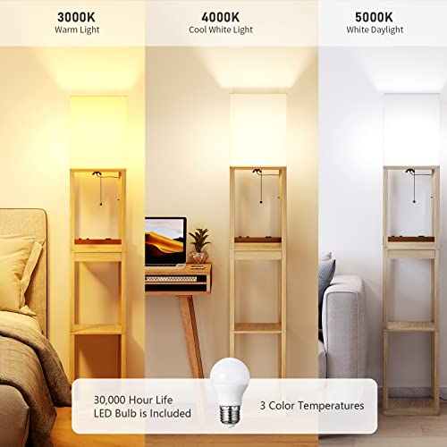 Image of SUNMORY Floor Lamp with Shelves,Modern Dimmable Wood Standing Lamp with 1 Drawer and 2 USB Ports & 2 Power Outlet,Corner Tall Bookshelf Lamp for Living Room and Bedroom(Wood Color)
