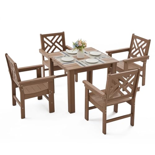 AXMOLM 5 Piece HDPE Outdoor Dining Set for 4, Patio Dining Furniture Set with Square Table and Umbrella Hole, Outdoor Table and Chairs for Garden, Poolside, Backyard, Deck (Brown, 5 Piece Square Set)