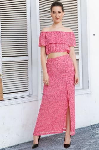 Image of POPWINGS Casual Bagru Printed Cotton Top and Skirt Set for Women || Pom Pom Top and Long Slit Skirt Set for Women || Two Piece Women Set for Summer
