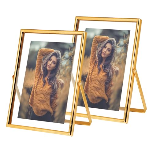 Xinkerco 5x7 Gold Floating Picture Frames (2 Pack), Tabletop Metal Tempered Glass Frames for Picture...