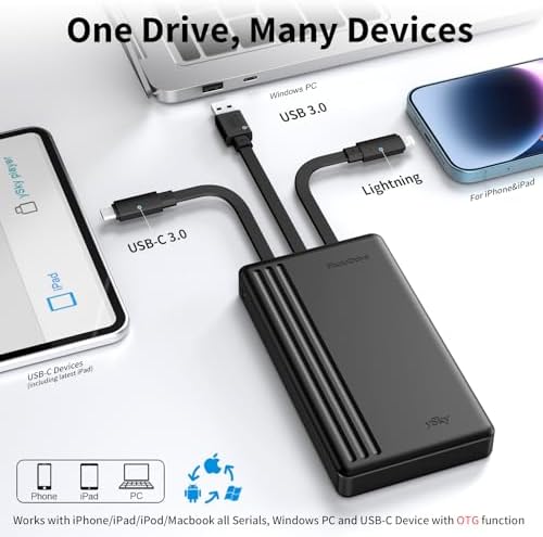 ySky MFi Certified 2TB Portable External Hard Drive for iPhone iPad MacBook Computer USB C Android Phones to Backup,2tb Photo Stick External HDD Storage for iPhone17/16/15/14/13((auto Backup)