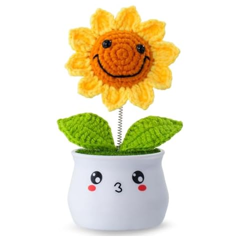 Levvohd Handmade Crochet Sunflower Gifts Office Desk Decor for Women, Cute Artificial Knitted Sun Flowers Plants, for Mothers Women Birthday Gifts (Handmade White L Pot) Cover