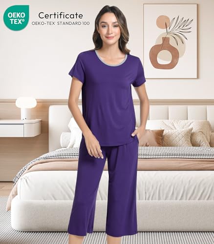 Image of NACHILA Bamboo Viscose Women's Pajamas Sets Short Sleeve Sleepwear and Capri Pants