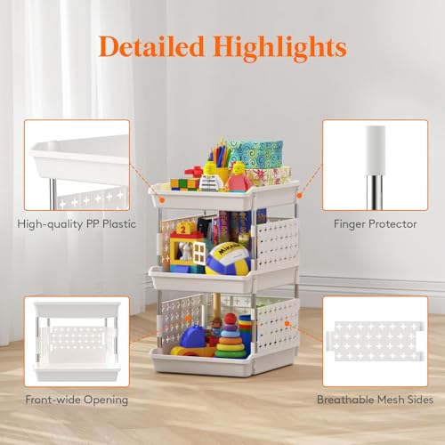 Image of JD Fresh 3 Tier Plastic Storage Drawer Organizer /Stackable Kitchen Organiser Rack /Breathable Design Shelf Storage Stand /Multipurpose Storage Rack for Kitchen, Office, kids room and Pantry (White)