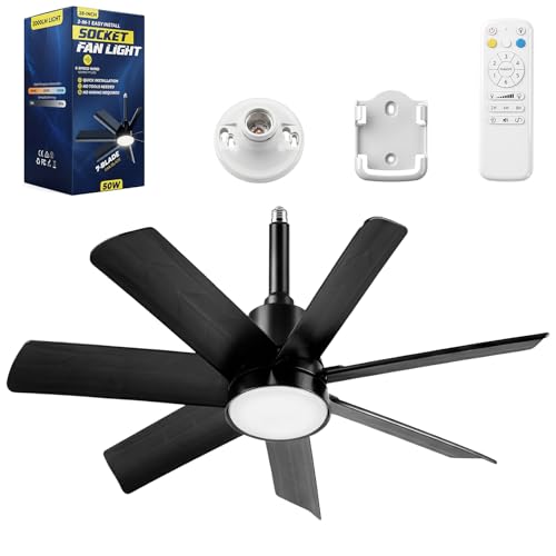 NWOP 28 Inch Socket Fan Light with Remote Control Screw in E26/E27 Ceiling Fan with LED Light 3000-6000K Adjustable Color Temp 6 Speeds Timer for Bedroom Kitchen Living Room Garage Black