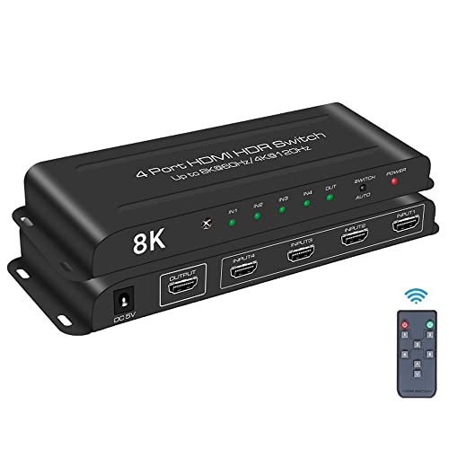 8K HDMI 2.1 Switcher Box, 4 in 1 Out HDMI Switch 4x1 8K@60Hz 4K@120Hz, HDCP2.3 Auto Switch with IR Control Support 48Gbps, HDR10+, VRR HLG HDR All D-o-l-b-y Vision A-t-mos AC3 (Black)
