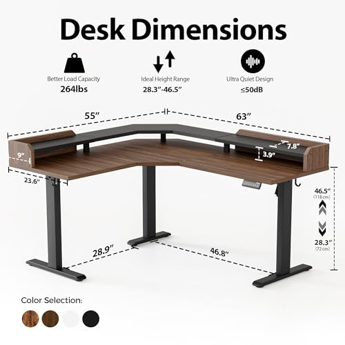 Image of Agilestic L Shaped Standing Desk, Adjustable Height Corner Gaming Desk with Shelf, Sit Stand Up Desk, 63 x 55 Inch Home Office Computer Table, Dark Walnut