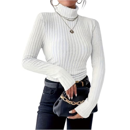 Jersey Mujer Invierno Elegante Camiseta Manga Larga Mujer Basicas Algodon Blusa Cuello Alto Primavera Termica Sueter Camiseta Interior Otoño Tallas Grandes Punto Sudadera Top(Blanco,L)