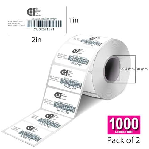 Image of COI 70gsm Thermal Label Printer Paper - 2 inch x 1 inch (50 x 25 mm)| Ideal for Barcode, Product, Inventory, Price, and Transparency Labels - 1000 Labels per Roll (Pack of 2)