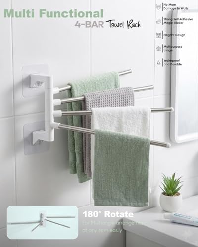 Image of Wall Mounted Adhesive Multi Bar Towel Holder Rack with Rotating Stainless Steel Rods and Side Hook for Bathroom Kitchen Use on Smooth Flat Surfaces (Towel Rack 001)